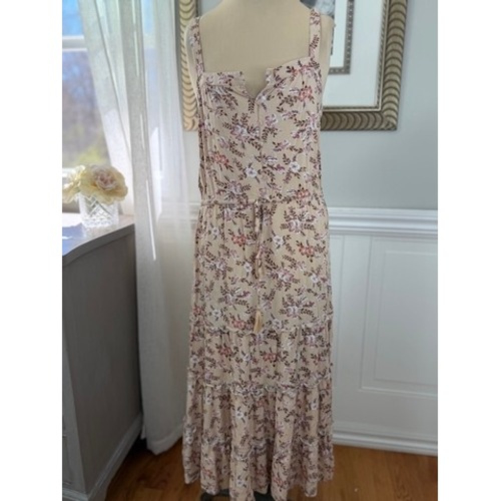 Sunday Mi Amor Tiered Maxi Dress Floral Tassel Vacation Cottagecore Tan XS